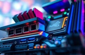 Best Motherboard for Gaming: Best Gaming Motherboard 2025:… A close-up shot of a modern gaming motherboard, showing various ports, heat sinks, and illuminated components, highlighting its complexity.
