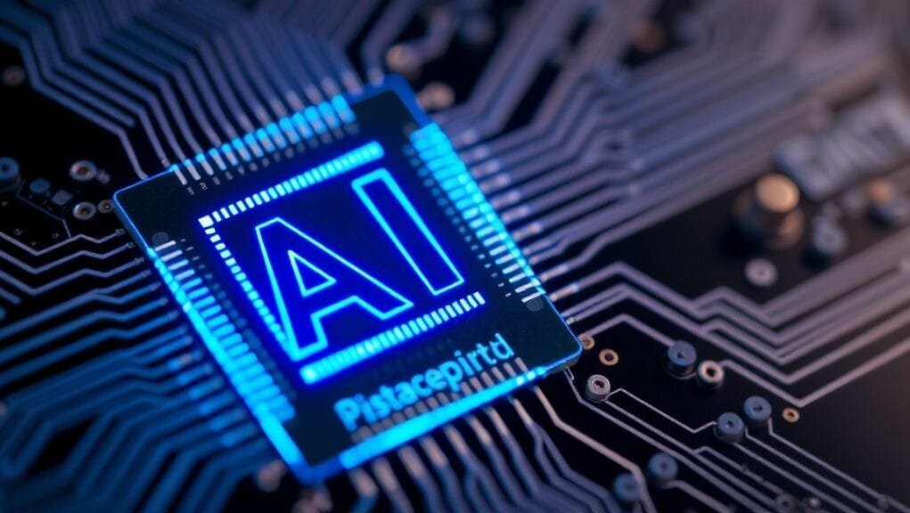 A close-up shot of a modern, intricate computer chip glowing with blue light, symbolizing AI and high-speed processing, representing new hardware & tech.
