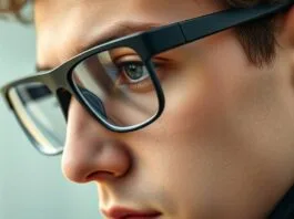 A close-up shot of a person wearing sleek black FireLens smart glasses, showing the subtle integration of technology into the frame.