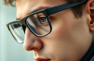 FireLens Smart Eyewear: Your Everyday Tech Upgrade A close-up shot of a person wearing sleek black FireLens smart glasses, showing the subtle integration of technology into the frame.