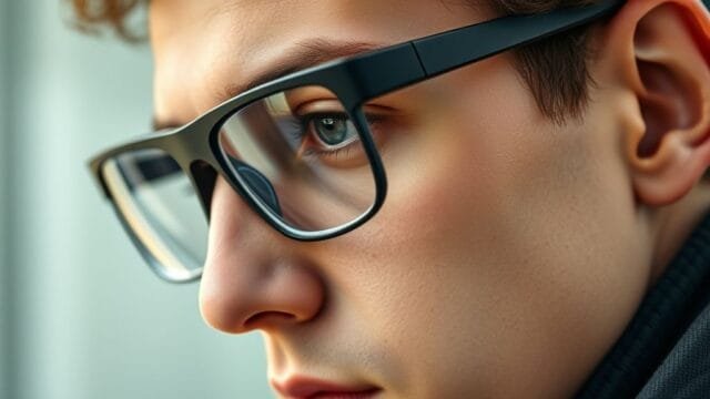 FireLens Smart Eyewear: Your Everyday Tech Upgrade A close-up shot of a person wearing sleek black FireLens smart glasses, showing the subtle integration of technology into the frame.