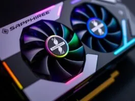 A close-up shot of a Sapphire Nitro+ graphics card, showcasing its distinctive cooling design and RGB lighting.