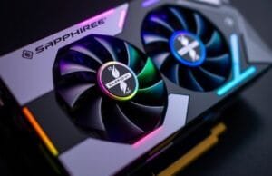 Sapphire Nitro Pulse AM5 Motherboards: Your Ultimate Upgrade? A close-up shot of a Sapphire Nitro+ graphics card, showcasing its distinctive cooling design and RGB lighting.