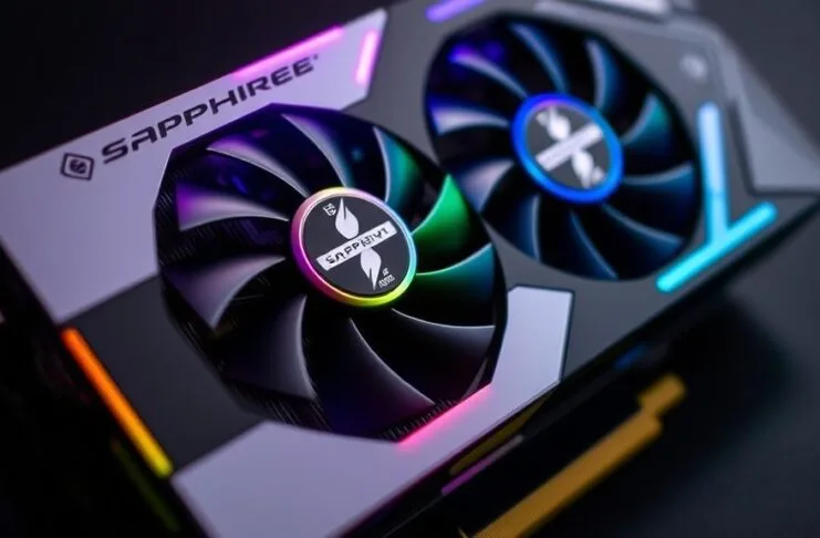 A close-up shot of a Sapphire Nitro+ graphics card, showcasing its distinctive cooling design and RGB lighting.