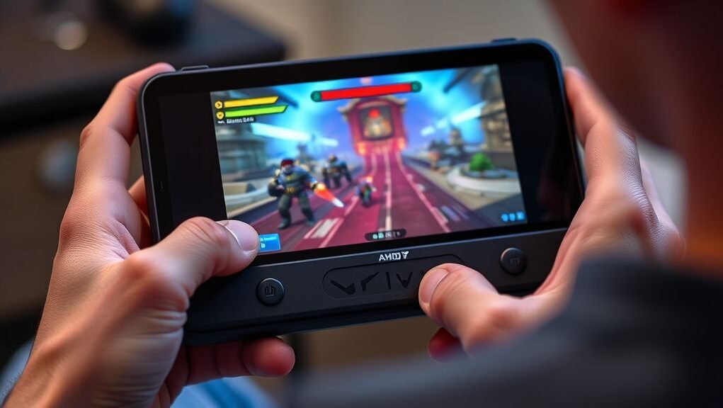 A close-up shot of a Valve Steam Deck being held by a gamer, showcasing the AMD-powered device running a vibrant game in action. A close-up shot of a Valve Steam Deck being held by a gamer, showcasing the AMD-powered device running a vibrant game in action.