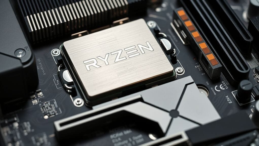A close-up shot of an AMD AM5 motherboard with a Ryzen CPU installed, showcasing the VRM heatsinks and PCIe 5.0 M.2 slot.