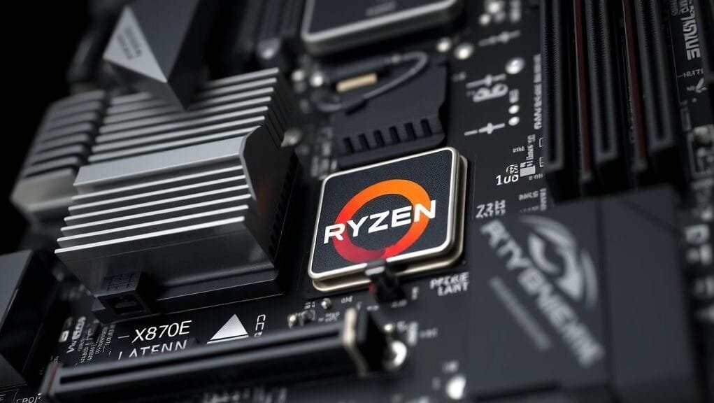 A close-up shot of an AMD X870E motherboard showcasing its VRM heatsinks and PCIe 5.0 slots, with a Ryzen CPU socket visible. A close-up shot of an AMD X870E motherboard showcasing its VRM heatsinks and PCIe 5.0 slots, with a Ryzen CPU socket visible.