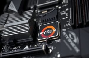 AMD X870 Chipsets: Unleashing Ryzen’s Full Potential A close-up shot of an AMD X870E motherboard showcasing its VRM heatsinks and PCIe 5.0 slots, with a Ryzen CPU socket visible.