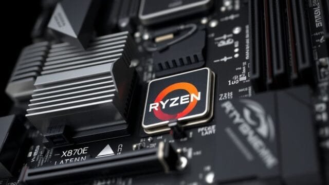 AMD X870 Chipsets: Unleashing Ryzen’s Full Potential A close-up shot of an AMD X870E motherboard showcasing its VRM heatsinks and PCIe 5.0 slots, with a Ryzen CPU socket visible.