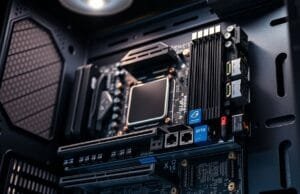 ASUS BTF 2.5: Hidden Power, Unmatched PC Style A close-up shot of an ASUS BTF motherboard with all its rear connectors clearly visible, mounted in a compatible PC case.