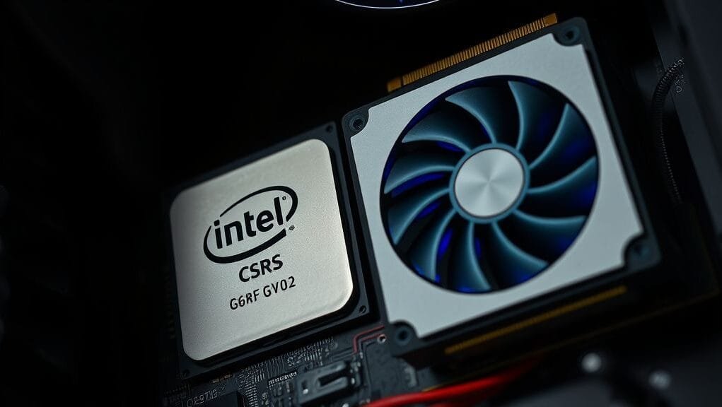 A close-up shot of an Intel CPU and a high-end GPU on a dark background, illustrating their partnership within a PC. This will be the featured image.