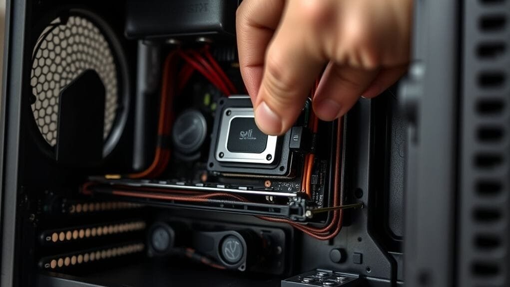 A close-up shot of hands carefully installing a component into a cramped SFF PC case, emphasizing the precision and tight space.