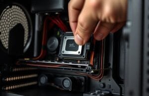 SFF PC Build Guide: Unleashing Power in Compact Rigs A close-up shot of hands carefully installing a component into a cramped SFF PC case, emphasizing the precision and tight space.