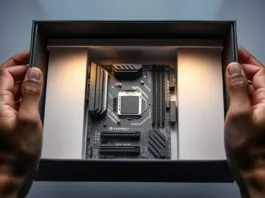 A close-up shot of hands carefully opening a sleek, premium motherboard box, with soft studio lighting highlighting the product inside.