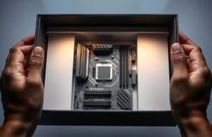 Motherboard Unboxing Experience: The Ultimate Driver of Tech Buzz A close-up shot of hands carefully opening a sleek, premium motherboard box, with soft studio lighting highlighting the product inside.