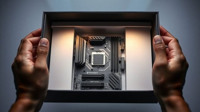 Motherboard Unboxing Experience: The Ultimate Driver of Tech Buzz A close-up shot of hands carefully opening a sleek, premium motherboard box, with soft studio lighting highlighting the product inside.