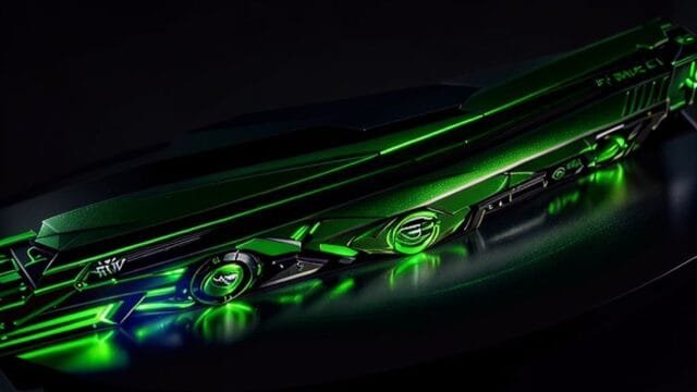 NVIDIA Blackwell GeForce RTX: Next-Gen for Every Gamer, $299 A close-up view of an NVIDIA GeForce RTX 50 Series graphics card with glowing green accents, highlighting its sleek design and advanced cooling.