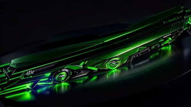 A close-up view of an NVIDIA GeForce RTX 50 Series graphics card with glowing green accents, highlighting its sleek design and advanced cooling.