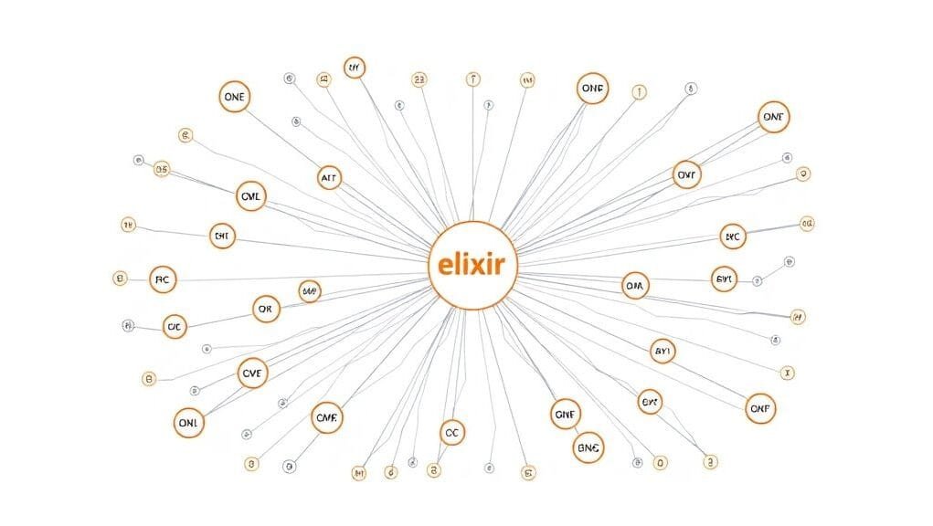 A complex network diagram showing interconnected nodes, representing Elixir distributed systems. A complex network diagram showing interconnected nodes, representing Elixir distributed systems.