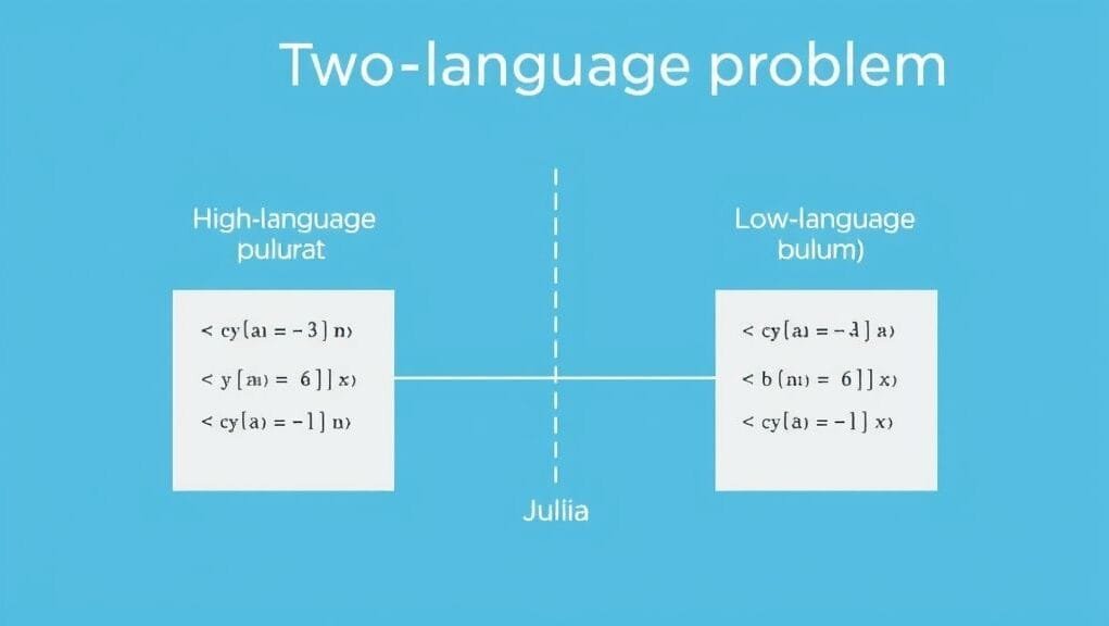 A conceptual diagram illustrating the "two-language problem," showing high-level languages, low-level languages, and Julia bridging the gap between them. A conceptual diagram illustrating the "two-language problem," showing high-level languages, low-level languages, and Julia bridging the gap between them.