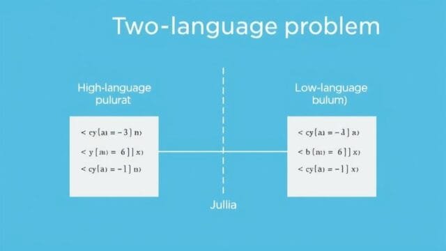 Julia Scientific Computing: End the Two-Language Problem A conceptual diagram illustrating the "two-language problem," showing high-level languages, low-level languages, and Julia bridging the gap between them.