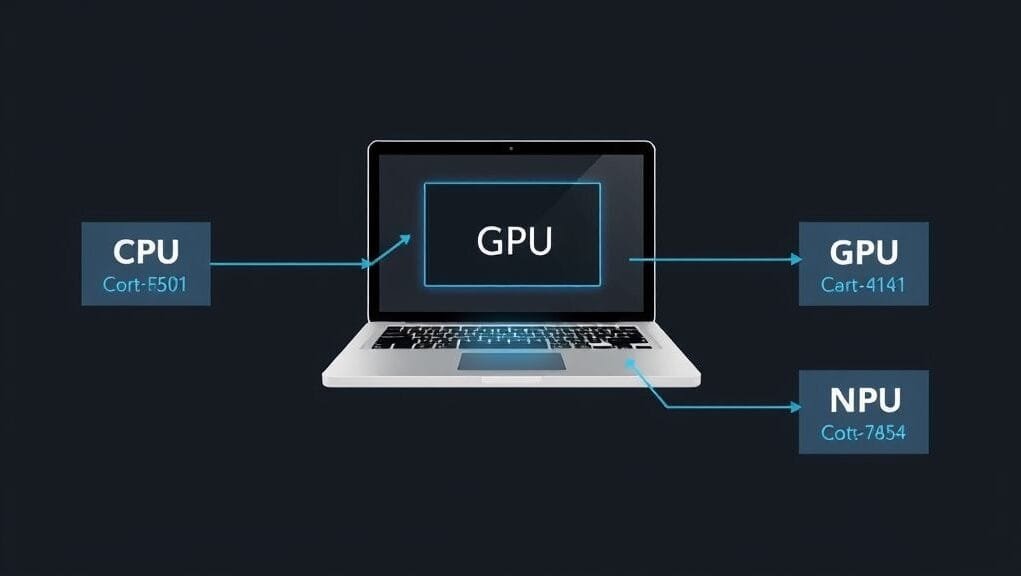 A conceptual diagram showing a laptop with CPU, GPU, and NPU components highlighted, illustrating their specialized roles in AI tasks.