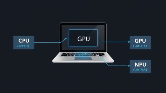 Intel NPU: Your Laptop’s AI Superpower, Explained A conceptual diagram showing a laptop with CPU, GPU, and NPU components highlighted, illustrating their specialized roles in AI tasks.
