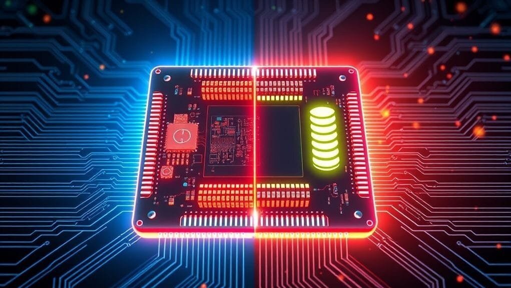 A conceptual illustration depicting a CPU chip split into two halves, one side glowing with raw power and intricate circuitry, the other side softly lit with energy-saving symbols, emphasizing the balance between efficiency and performance.