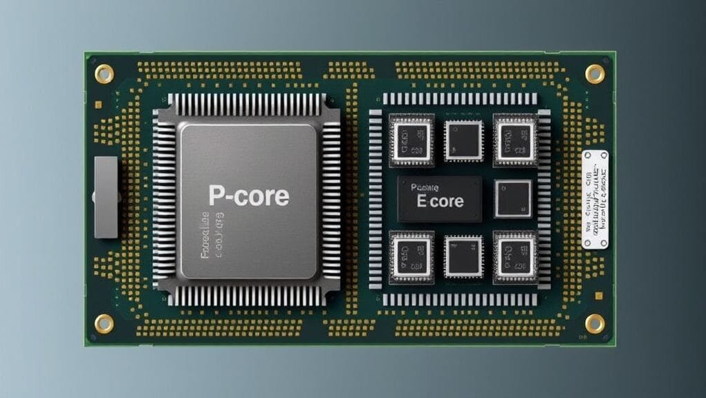 A conceptual illustration of a CPU with two distinct types of cores, one large and powerful (P-core) and several smaller, energy-efficient ones (E-cores), visually representing a hybrid architecture.