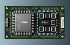 Performance & Efficient Cores: Your Tech’s Next Leap A conceptual illustration of a CPU with two distinct types of cores, one large and powerful (P-core) and several smaller, energy-efficient ones (E-cores), visually representing a hybrid architecture.