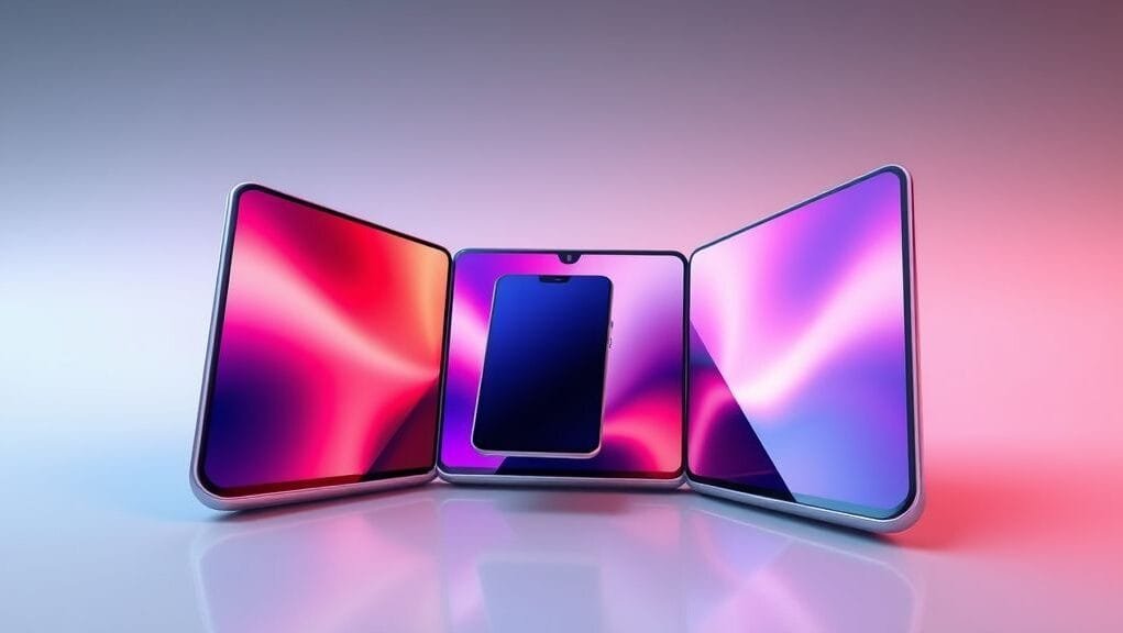 A conceptual render of a Samsung tri-fold phone, half-folded to reveal its U-shape design, with a smartphone-sized cover display visible. A conceptual render of a Samsung tri-fold phone, half-folded to reveal its U-shape design, with a smartphone-sized cover display visible.