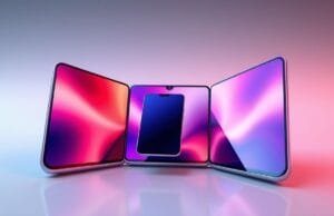Samsung Tri-Fold Phone: How It Truly Works, Revealed A conceptual render of a Samsung tri-fold phone, half-folded to reveal its U-shape design, with a smartphone-sized cover display visible.