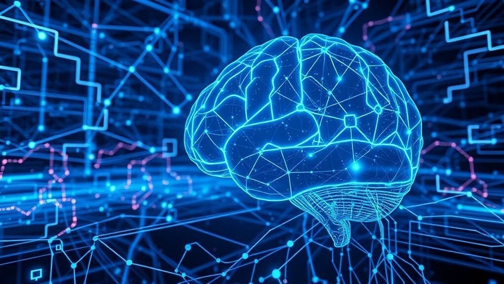 A depiction of data flowing into an AI brain, showing complex networks, symbolizing Wayve's data-driven learning.