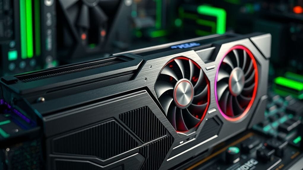 A detailed, close-up view of the NVIDIA GeForce RTX 5070 Ti graphics card, highlighting its cooling fins and fans