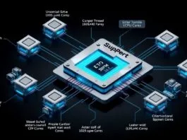 A detailed diagram showing how multiple smaller CPU cores are fused together to form a larger logical "super core" for single-thread execution.