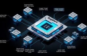 Intel Software Defined Super Cores: Intel SDC: Unlocking… A detailed diagram showing how multiple smaller CPU cores are fused together to form a larger logical "super core" for single-thread execution.