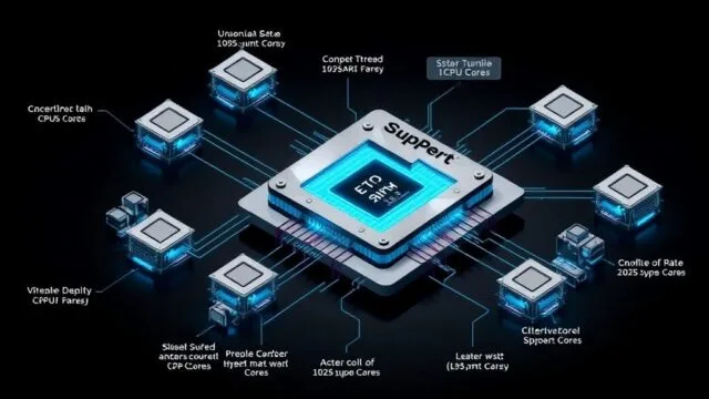 A detailed diagram showing how multiple smaller CPU cores are fused together to form a larger logical "super core" for single-thread execution. A detailed diagram showing how multiple smaller CPU cores are fused together to form a larger logical "super core" for single-thread execution.