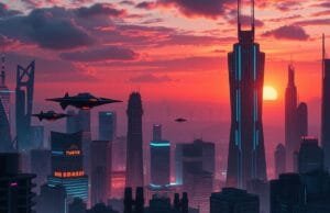 DeepSeek API Image Generation: Create Stunning AI Art A detailed digital art rendering of a futuristic cityscape at sunset, with flying vehicles, towering skyscrapers illuminated by vibrant neon lights, in a distinctive cyberpunk art style.