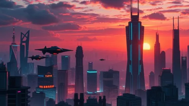 A detailed digital art rendering of a futuristic cityscape at sunset, with flying vehicles, towering skyscrapers illuminated by vibrant neon lights, in a distinctive cyberpunk art style. A detailed digital art rendering of a futuristic cityscape at sunset, with flying vehicles, towering skyscrapers illuminated by vibrant neon lights, in a distinctive cyberpunk art style.