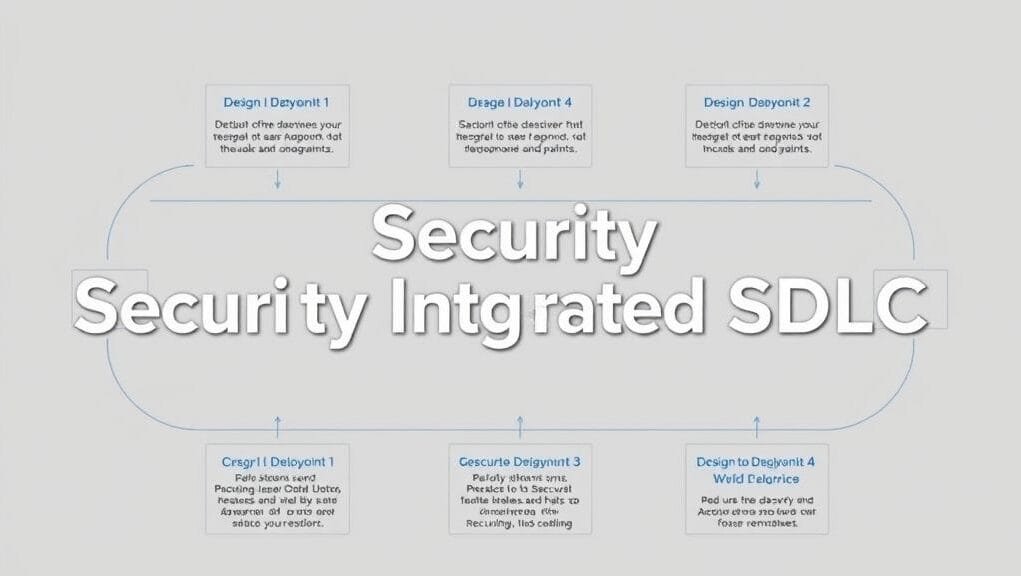 A detailed flowchart showing various stages of software development cycle with security checkpoints integrated at each step, from design to deployment. Text overlay says "Security Integrated SDLC."