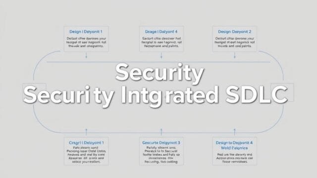 Secure Coding: Stop Cyber Threats Before They Start A detailed flowchart showing various stages of software development cycle with security checkpoints integrated at each step, from design to deployment. Text overlay says "Security Integrated SDLC."
