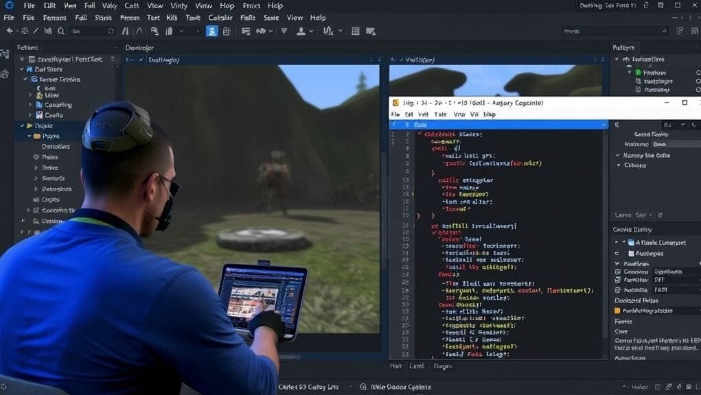 A developer working on a 3D game scene in Unity editor with C# script open in Visual Studio.