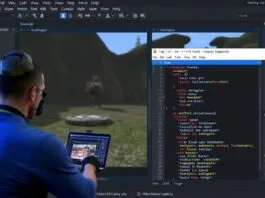 A developer working on a 3D game scene in Unity editor with C# script open in Visual Studio.