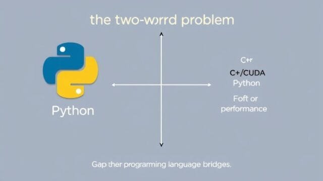 Mojo Programming Language: Supercharge Your AI A diagram illustrating the 'two-world problem' of Python and C++/CUDA for performance, a gap the Mojo programming language bridges.