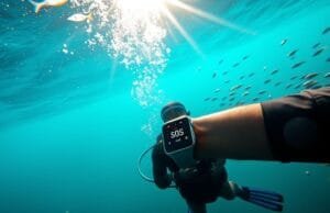 Huawei Watch Ultimate 2: Sonar Comms & GT 6 Innovations A diver signaling an SOS message on a smartwatch underwater.