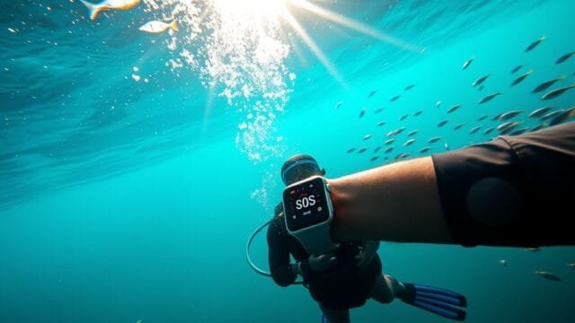 Huawei Watch Ultimate 2: Sonar Comms & GT 6 Innovations A diver signaling an SOS message on a smartwatch underwater.