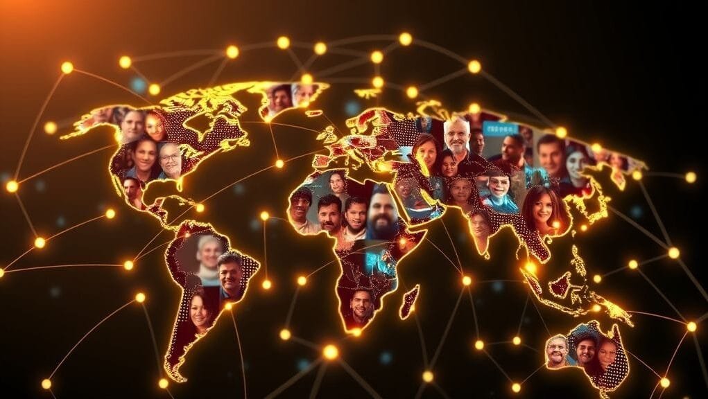 A diverse group of people globally connected by glowing tech lines, symbolizing Tech for Good solutions and global collaboration.