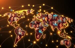 Tech for Good: Innovations Solving Global Problems A diverse group of people globally connected by glowing tech lines, symbolizing Tech for Good solutions and global collaboration.