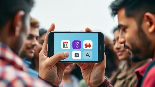 A diverse group of people using a single smartphone screen displaying icons for messaging, payments, shopping, and transport, representing Super Apps functionality.