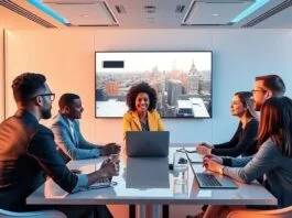 A diverse group of professionals collaborating in a sleek virtual meeting room, showcasing enterprise metaverse applications in 2025